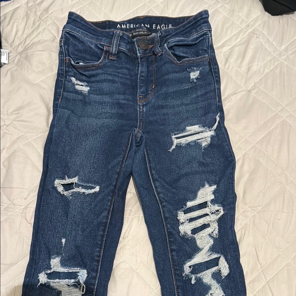 American Eagle Outfitters Blue Skinny Jeans with Distressed Details